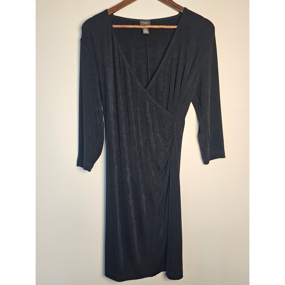 [Elegant] Travelers by Chico's Wrap‎ Dress size 8 Black 3/4 Sleeve Ruched Petite